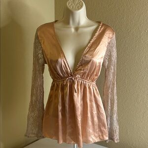 Boohoo Satin Lace Sleeve Chemise in Peach